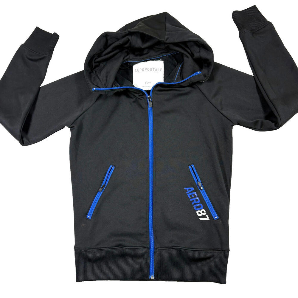 Aeropostale Mens Black Zip Hoodie XS Blue Trim AERO 87 Athletic Y2K Streetwear